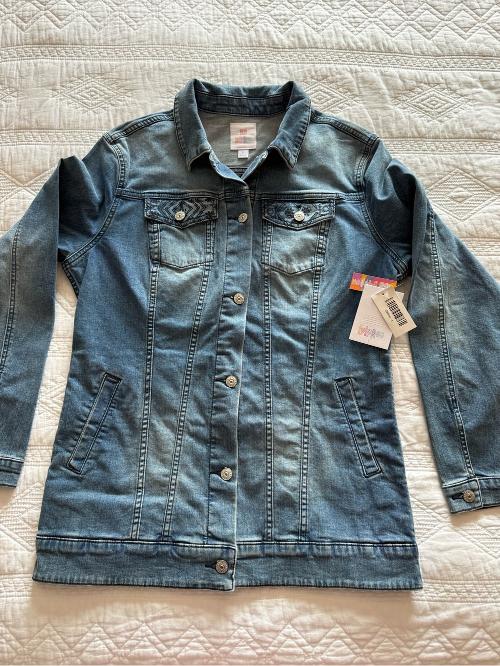 LuLaRoe Blue Longline Denim Jacket, printed back